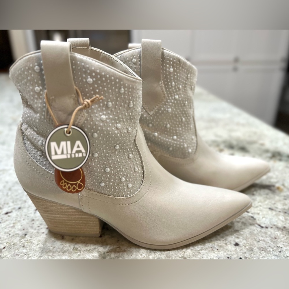 MIA Western Cream Ankle Boots with Pearl Accents